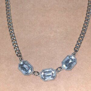 Silver Link Chain Necklace, Glass Stones, Vintage Jewelry, Estate Sale